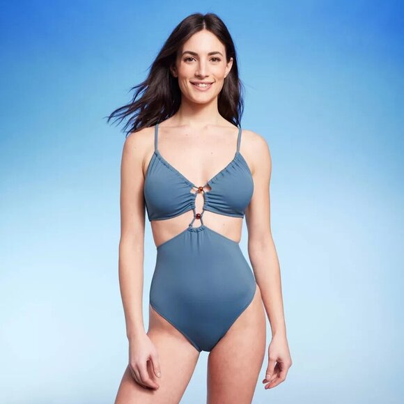 Shade & Shore Women's Plunge Cut Out Cheeky One Piece Swimsuit Blue S,L,XL - Picture 1 of 16